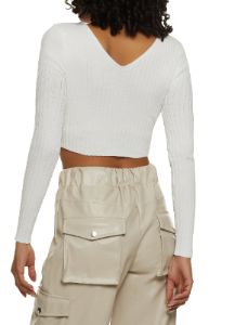 Double V Neck Ribbed Knit Long Sleeve Crop Top sold by Rainbow