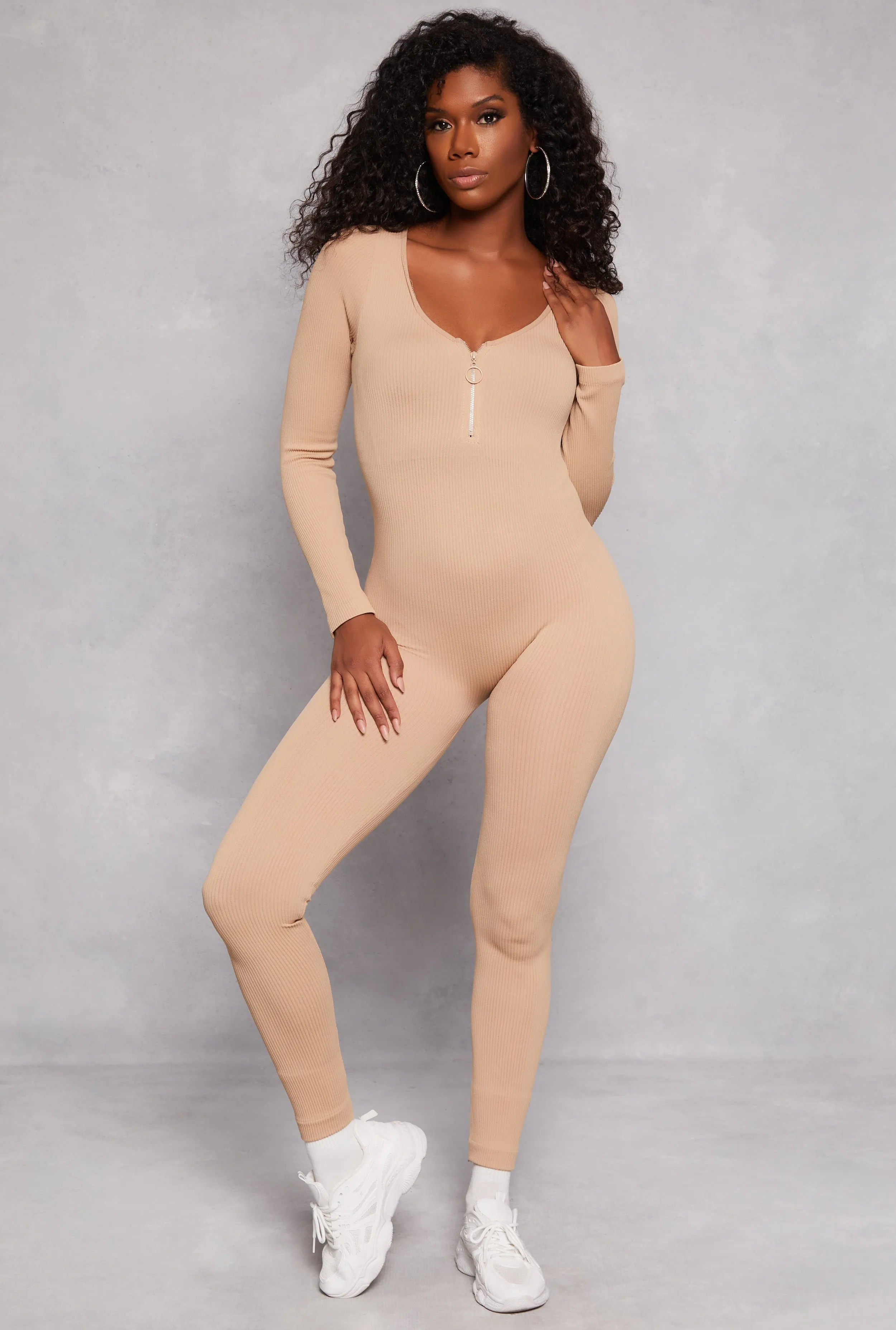Seamless Ribbed Zip Front Long Sleeve Jumpsuit sold by Rainbow product image thumbnail 2