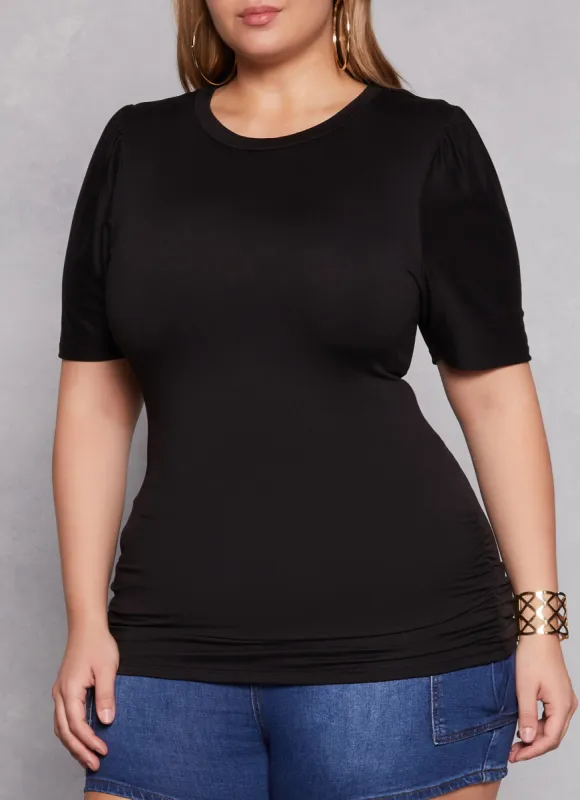 Plus Size Basic Crew Neck Ruched Side Tee sold by Rainbow