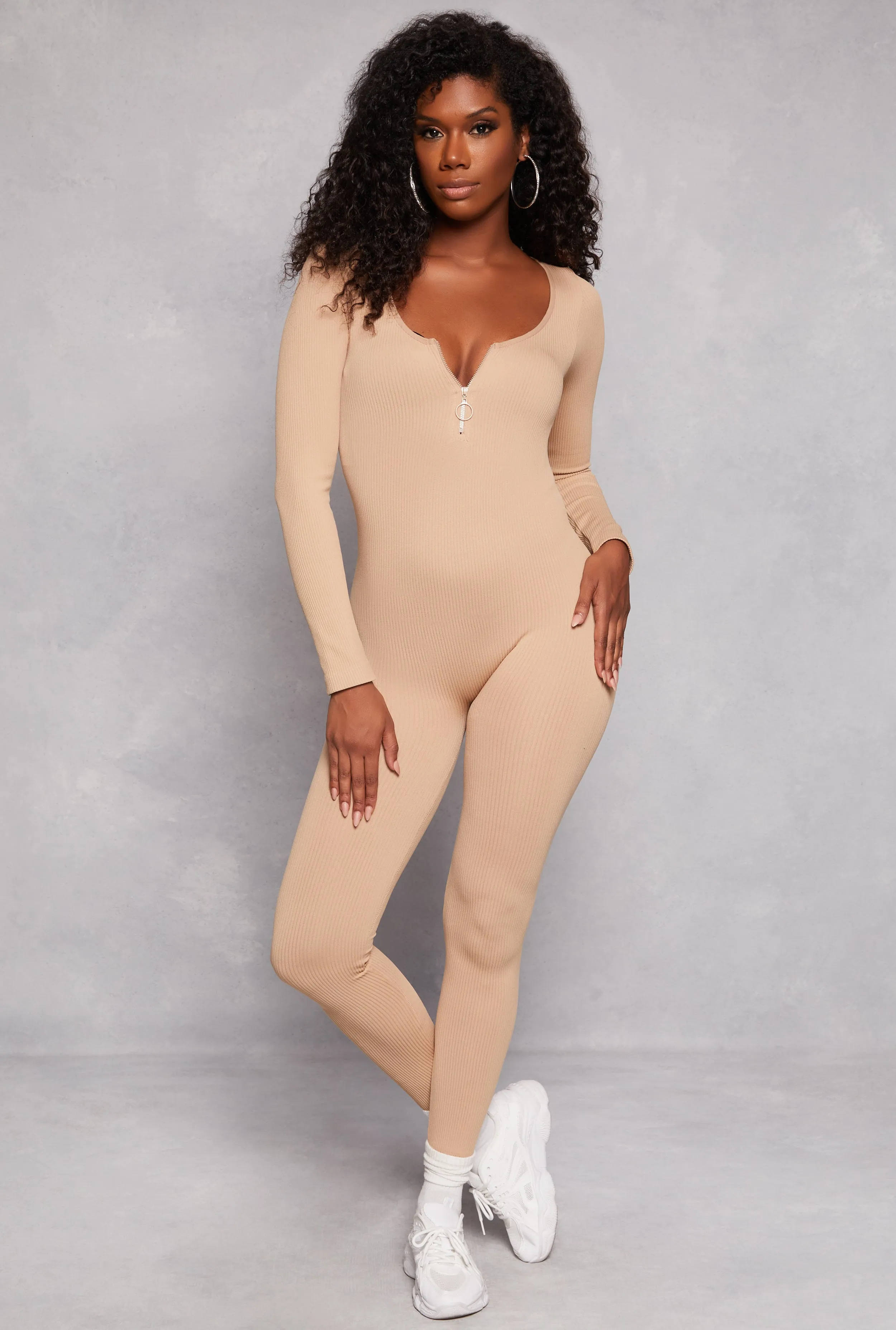 Seamless Ribbed Zip Front Long Sleeve Jumpsuit sold by Rainbow