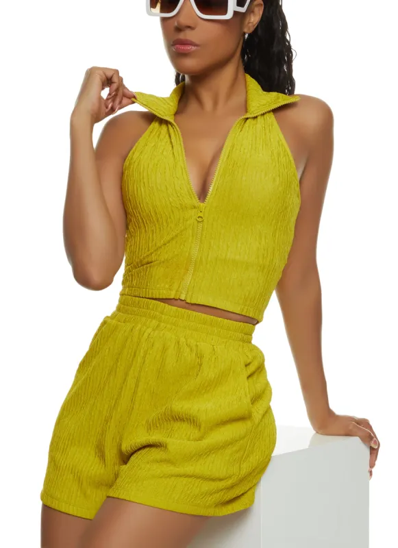 Textured Knit Zip Front Crop Top sold by Rainbow