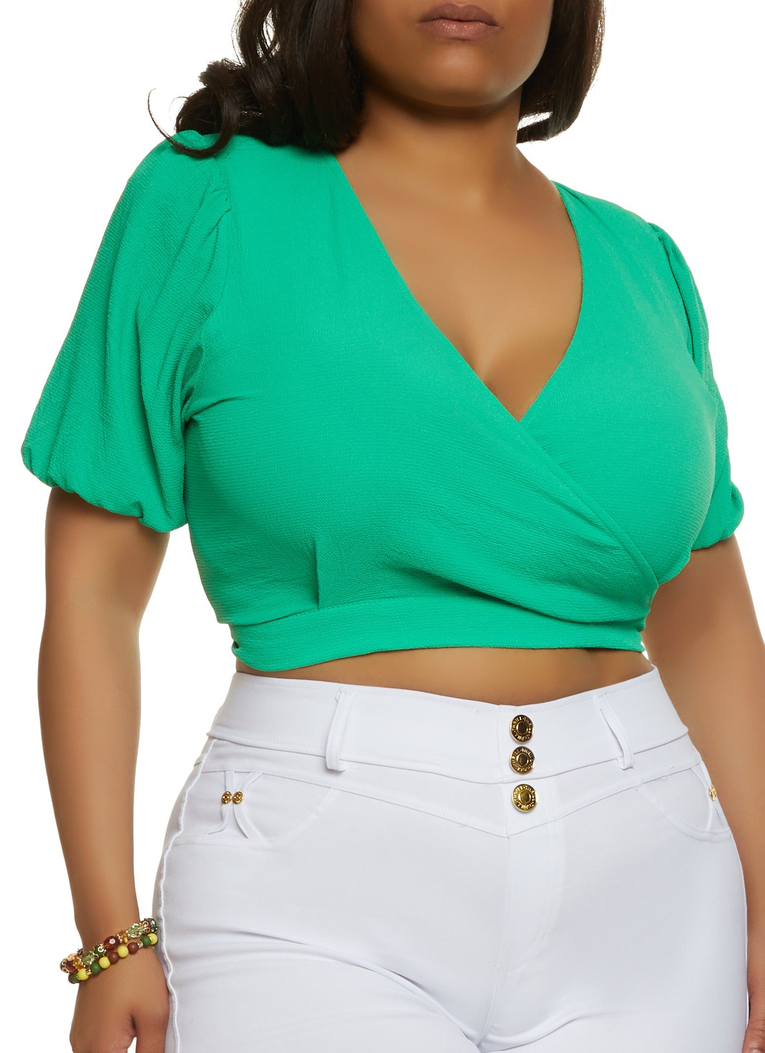Plus Size Open Tie Back Faux Wrap Crop Top sold by Rainbow