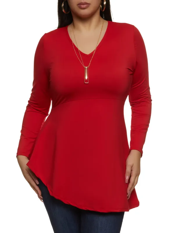 Plus Size Crepe Knit Long Sleeve Peplum Top with Necklace sold by Rainbow