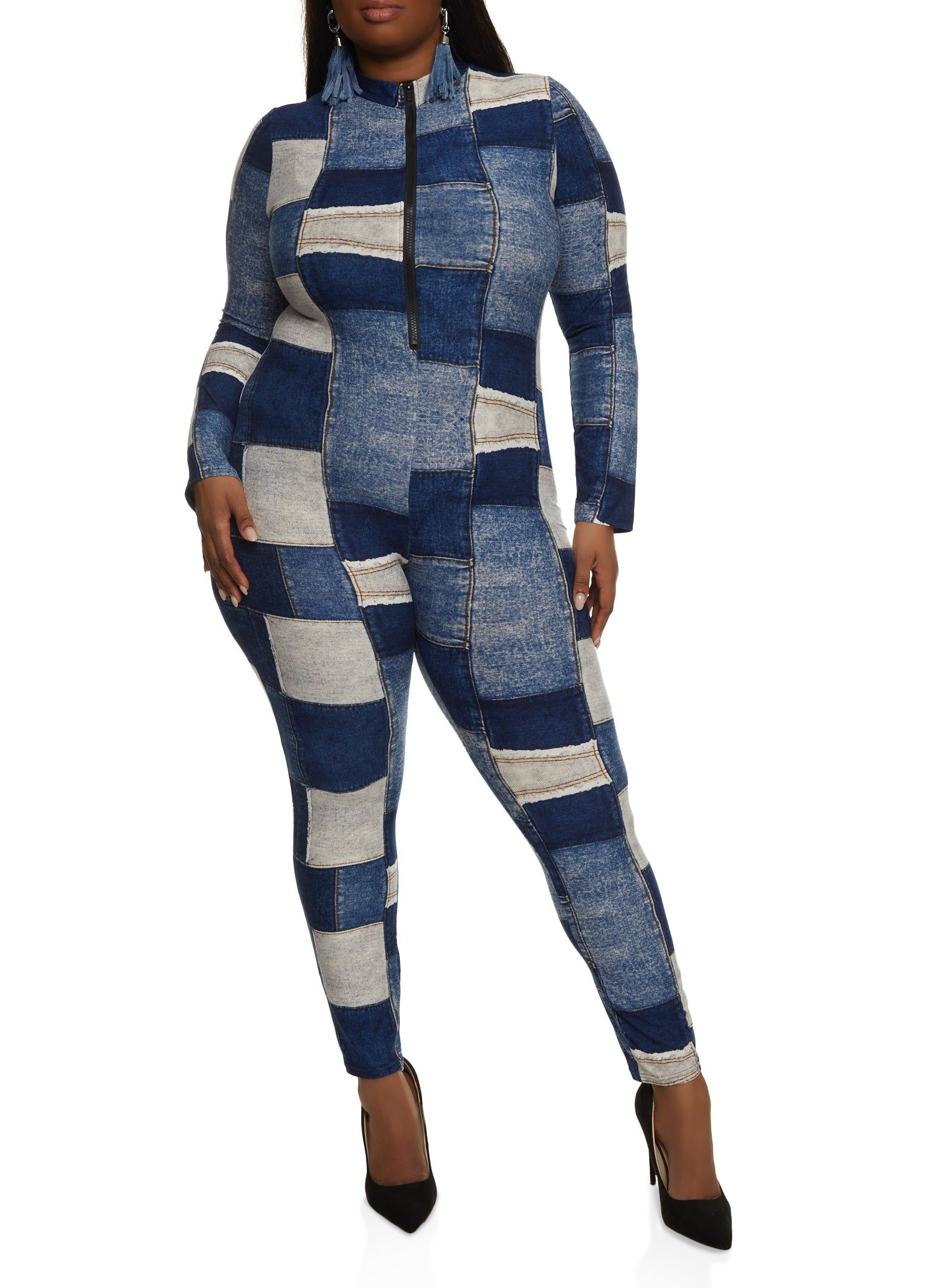 Plus Size Patchwork Print Zip Neck Jumpsuit sold by Rainbow