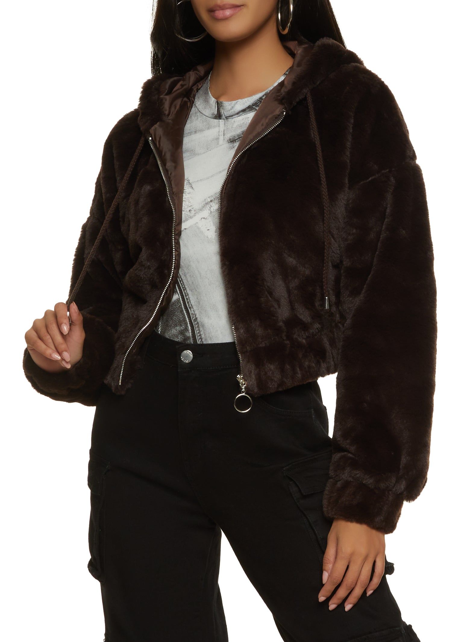 Solid Faux Fur Hooded Jacket sold by Rainbow
