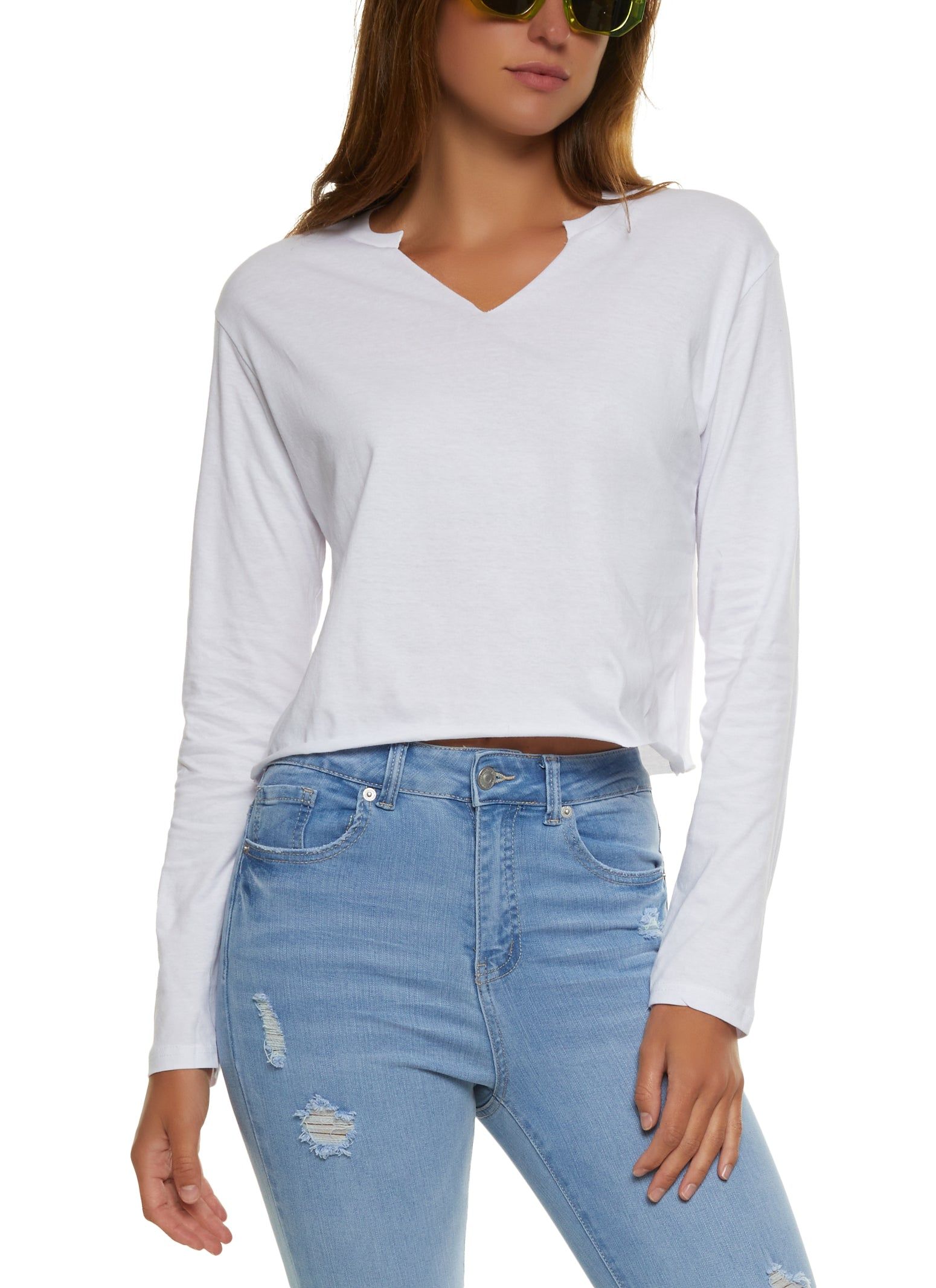 Notch Neck Raw Hem Crop Top sold by Rainbow