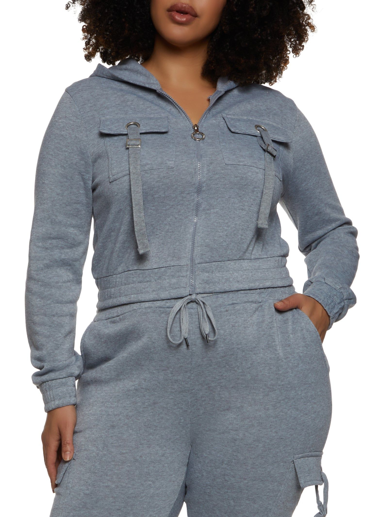 Plus Size Pocket Detail Zip Front Hoodie sold by Rainbow