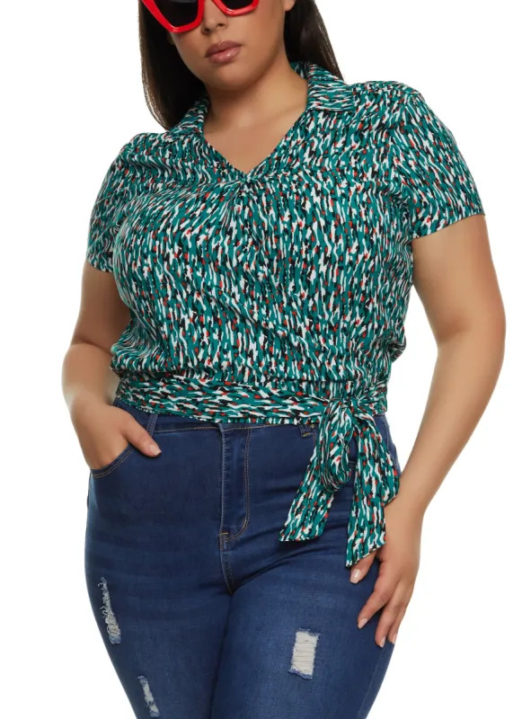 Plus Size Printed V Neck Tie Waist Blouse sold by Rainbow