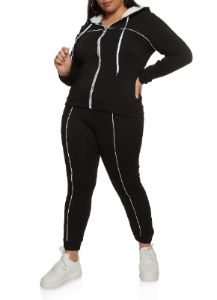 Plus Size Contrast Trim Zip Front Sherpa Lined Hoodie sold by Rainbow
