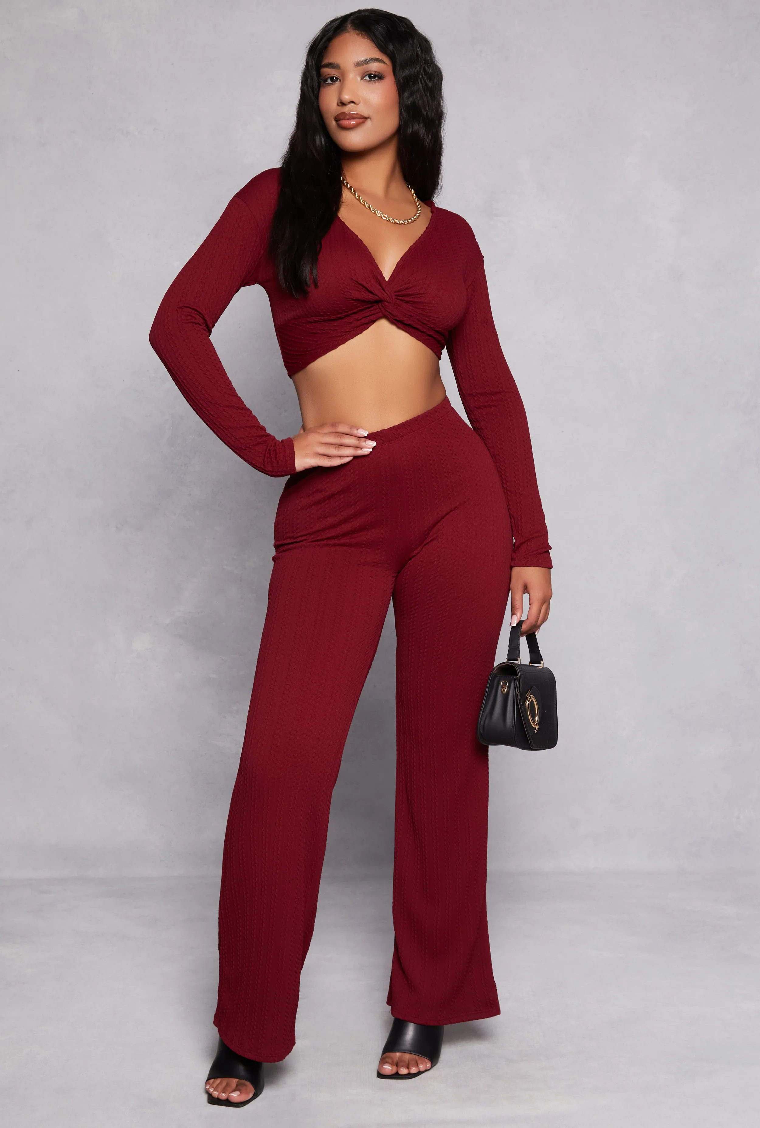 Textured Knit Wide Leg High Waist Pants sold by Rainbow
