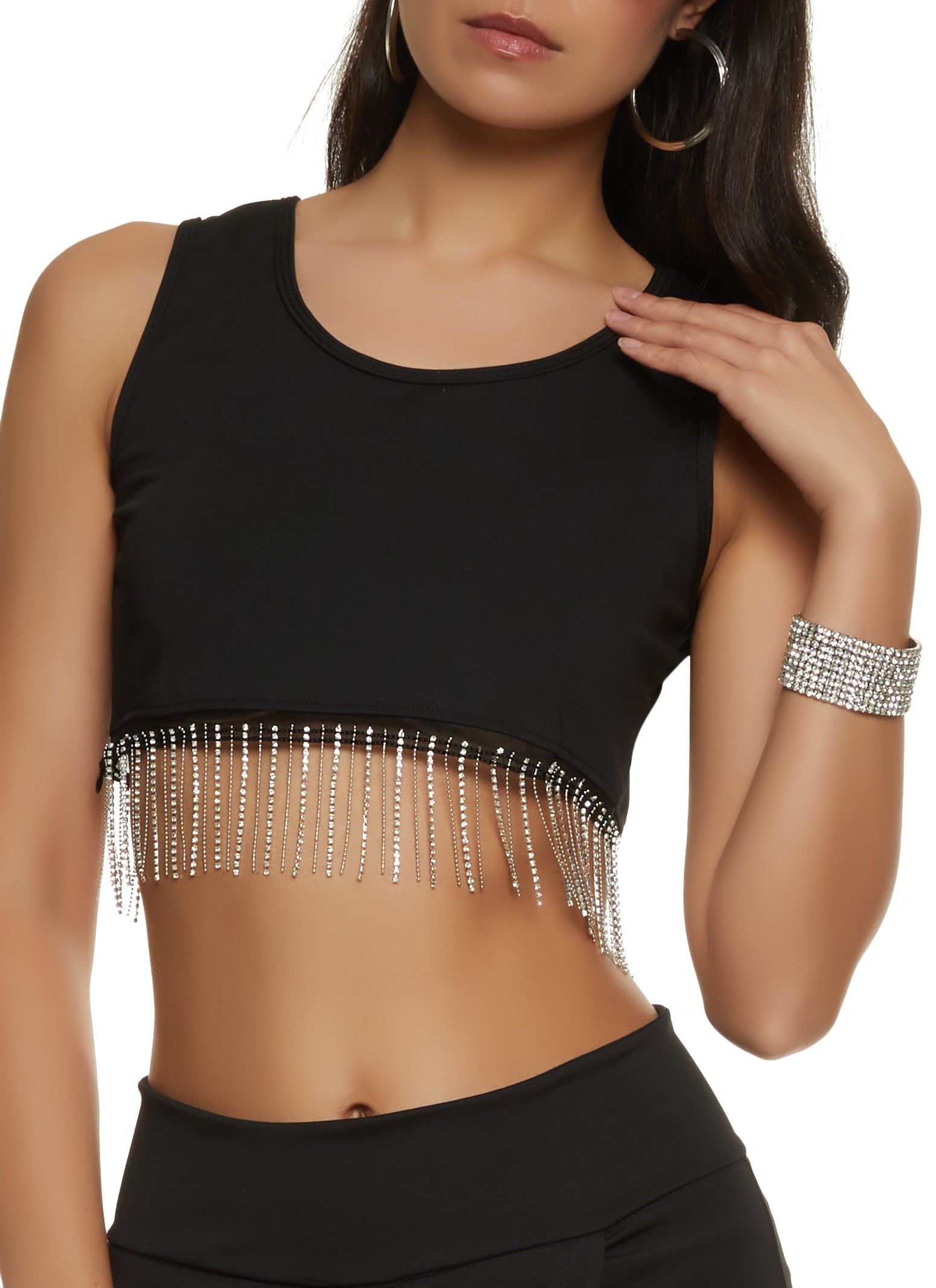 Rhinestone Fringe Trim Crop Top sold by Rainbow