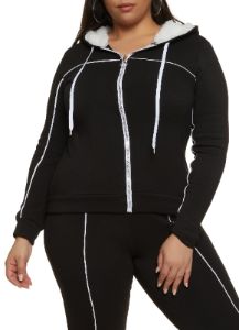 Plus Size Contrast Trim Zip Front Sherpa Lined Hoodie sold by Rainbow