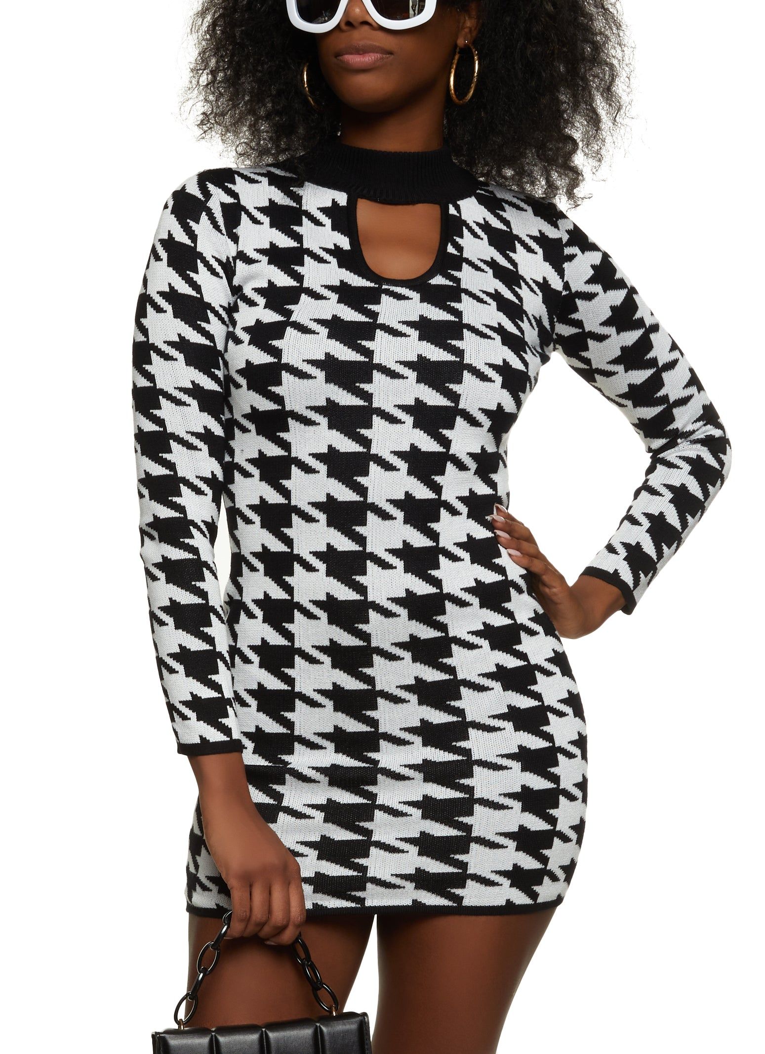 Mock Neck Houndstooth Keyhole Sweater Dress sold by Rainbow