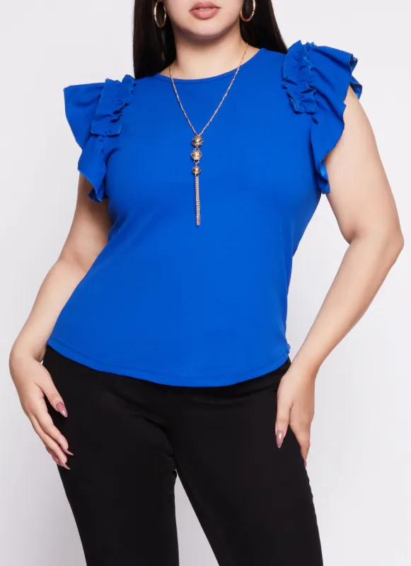 Plus Size Flutter Sleeve Blouse with Necklace sold by Rainbow