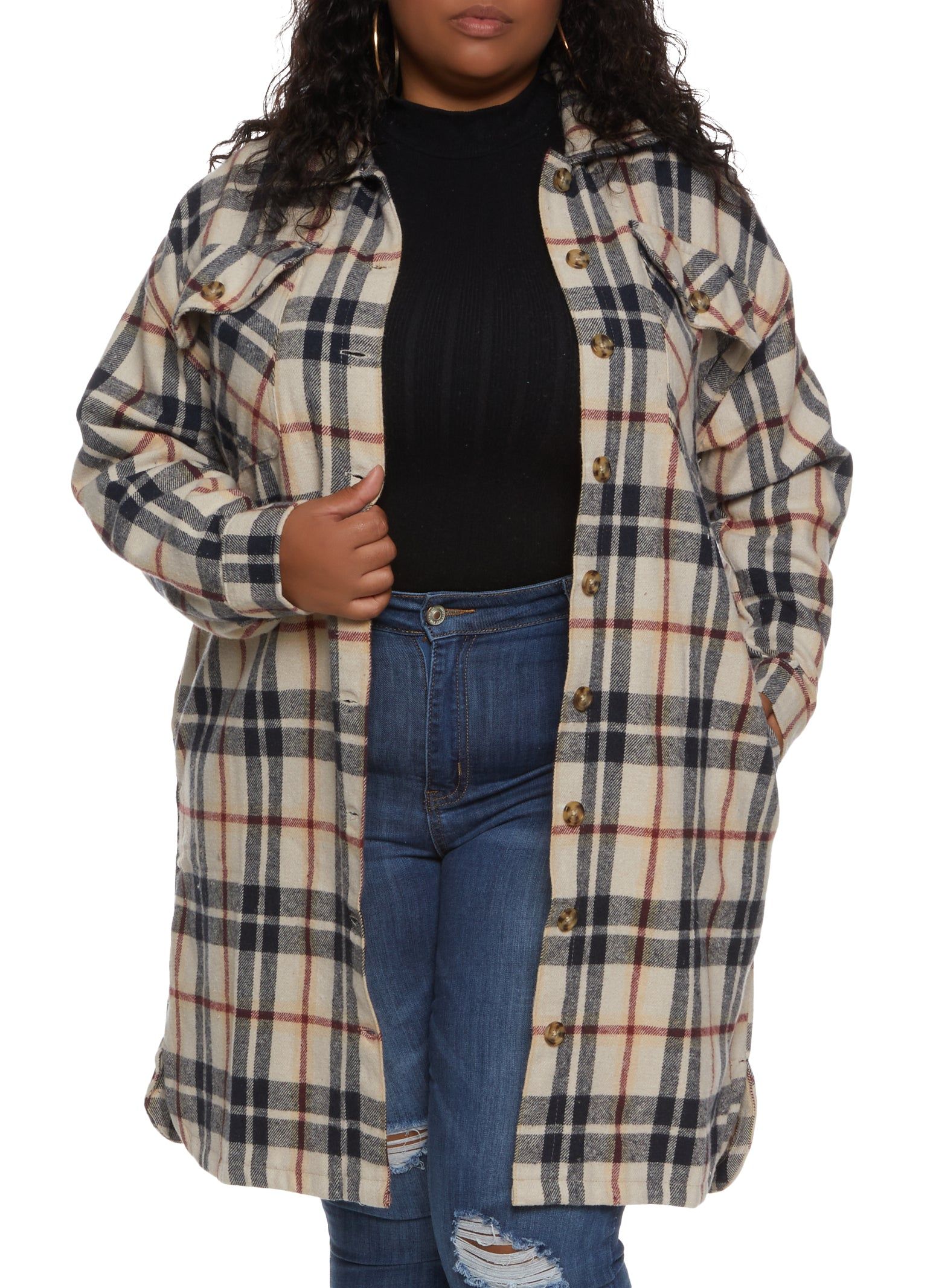 Plus Size Plaid Brushed Knit Long Line Shacket sold by Rainbow