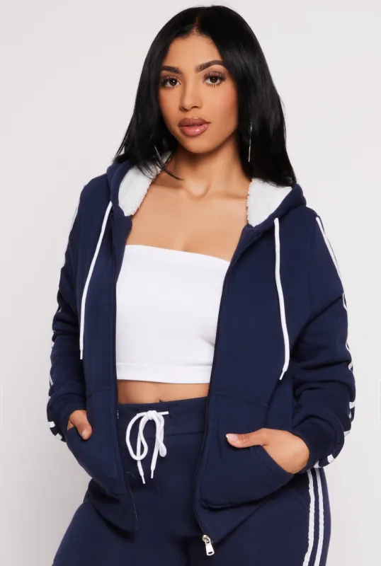 Varsity Stripe Zip Front Sherpa Lined Hoodie sold by Rainbow
