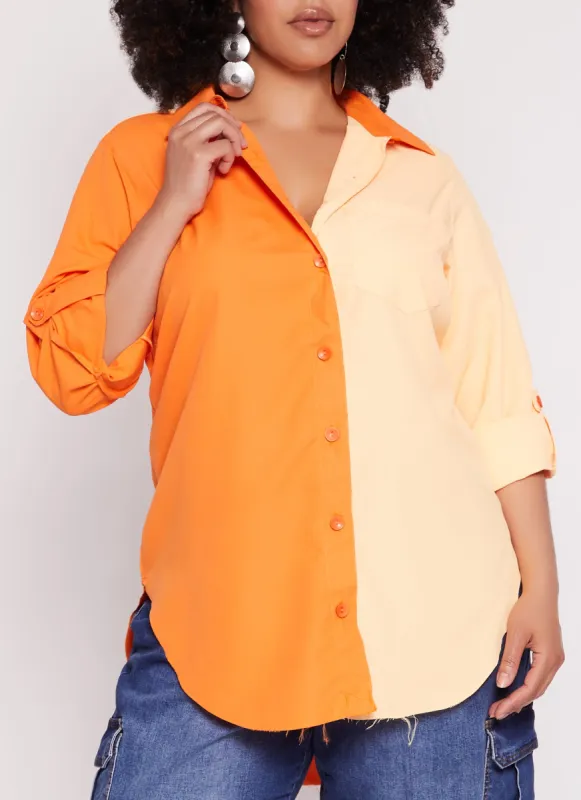 Plus Size Color Block Button Front Shirt sold by Rainbow