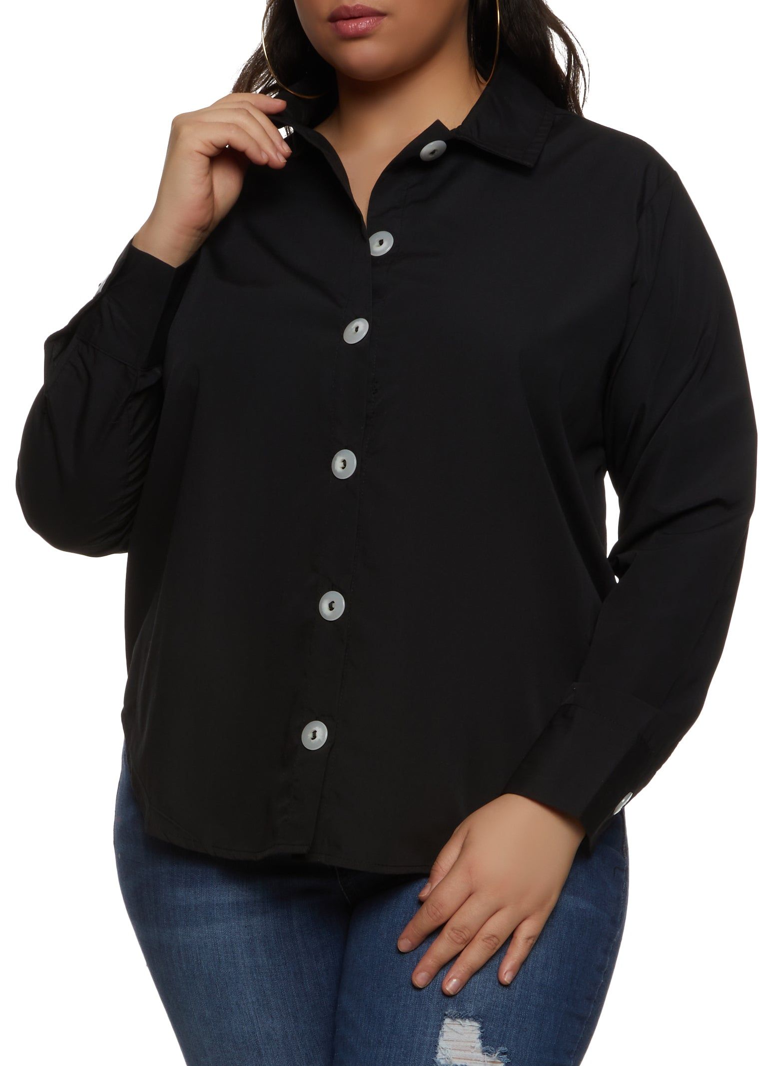 Plus Size Long Sleeve Button Front Shirt sold by Rainbow