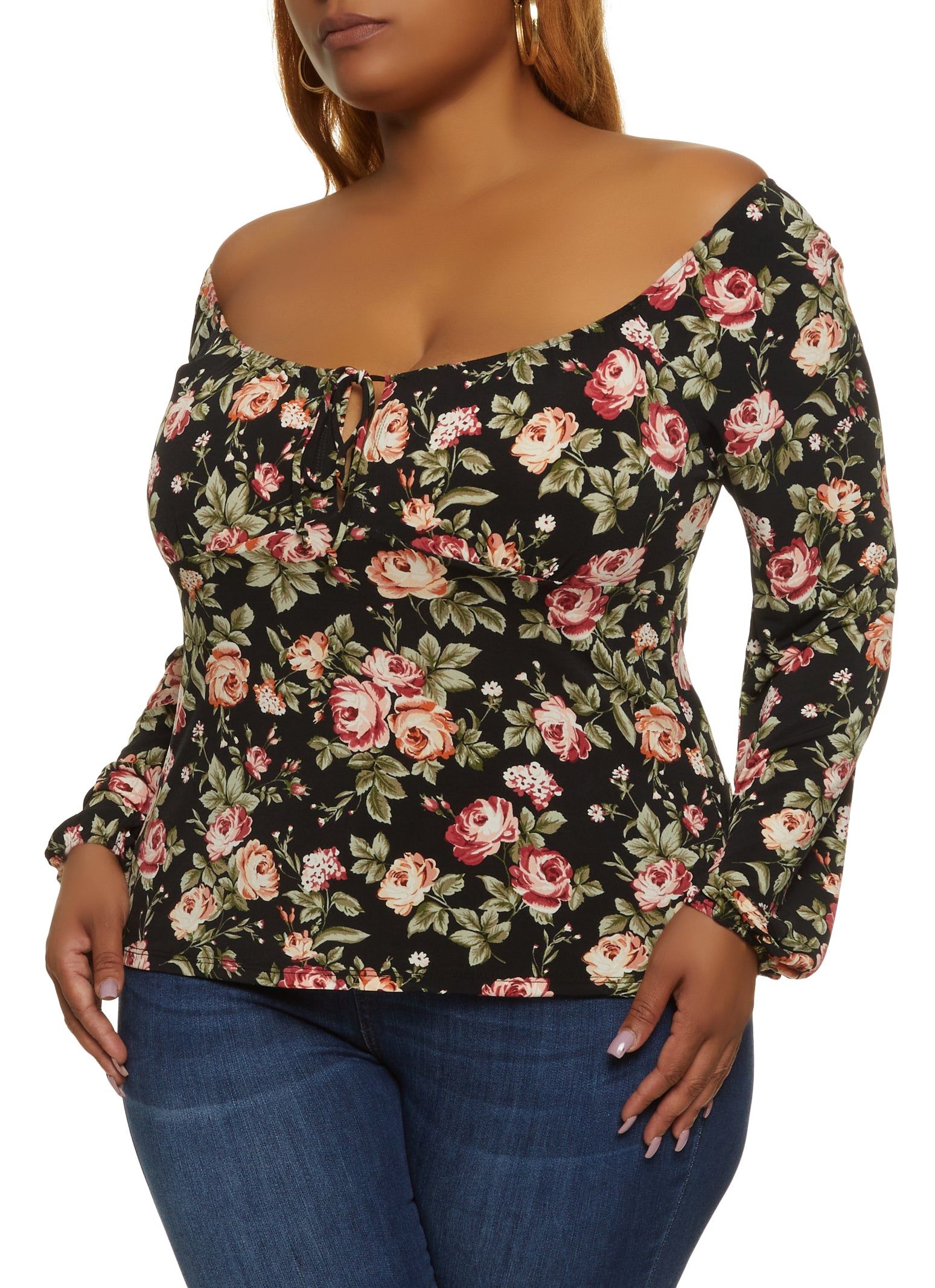 Plus Size Floral Print Off the Shoulder Peasant Top sold by Rainbow