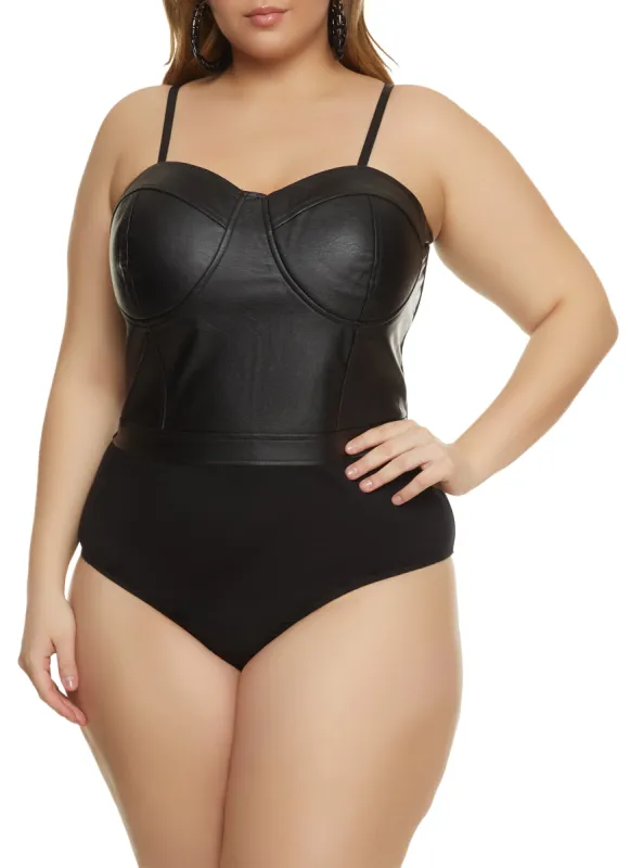 Plus Size Faux Leather Convertible Bustier Bodysuit made by Rainbow