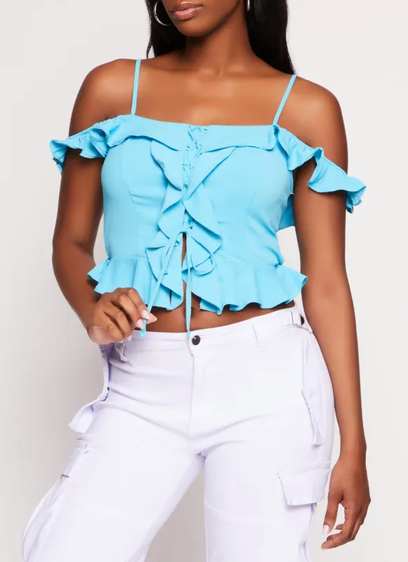Iris Ruffle Trim Lace Up Cold Shoulder Blouse sold by Rainbow