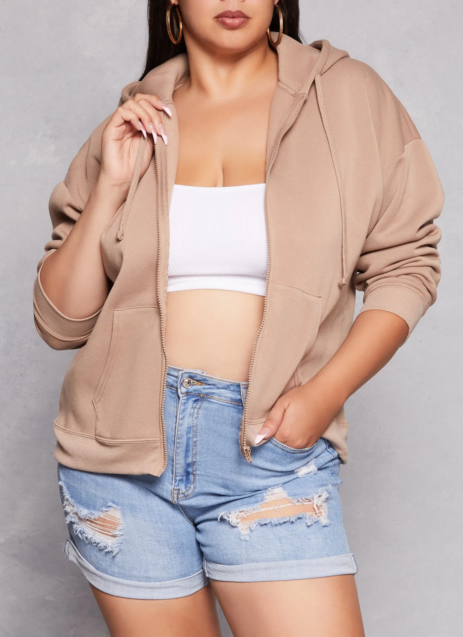 Plus Size Solid Zip Front Hoodie sold by Rainbow