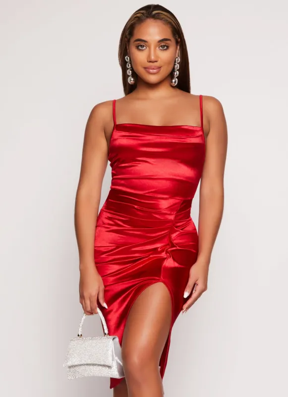 Satin Cowl Neck Ruched Side Cami Dress sold by Rainbow