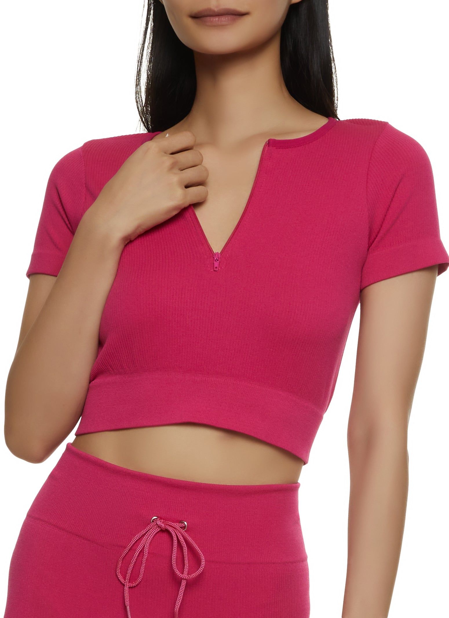 Ribbed Knit Half Zip Crop Top sold by Rainbow