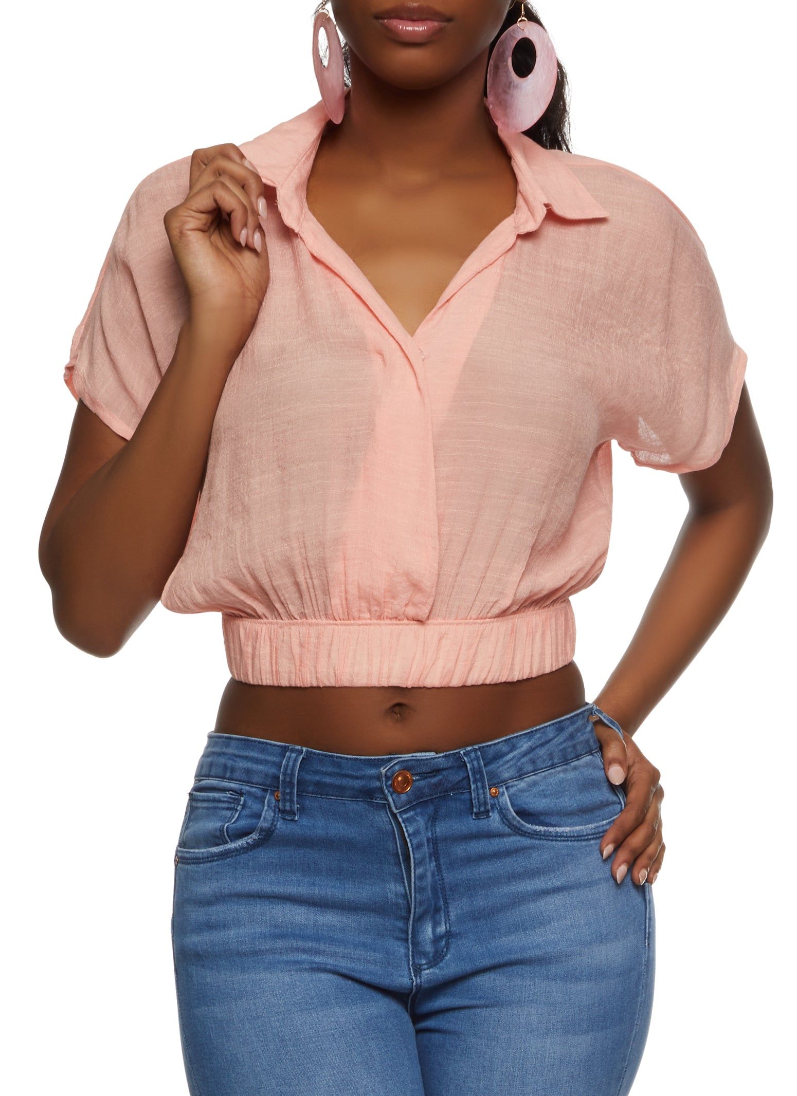 Elastic Waistband Cropped Shirt sold by Rainbow