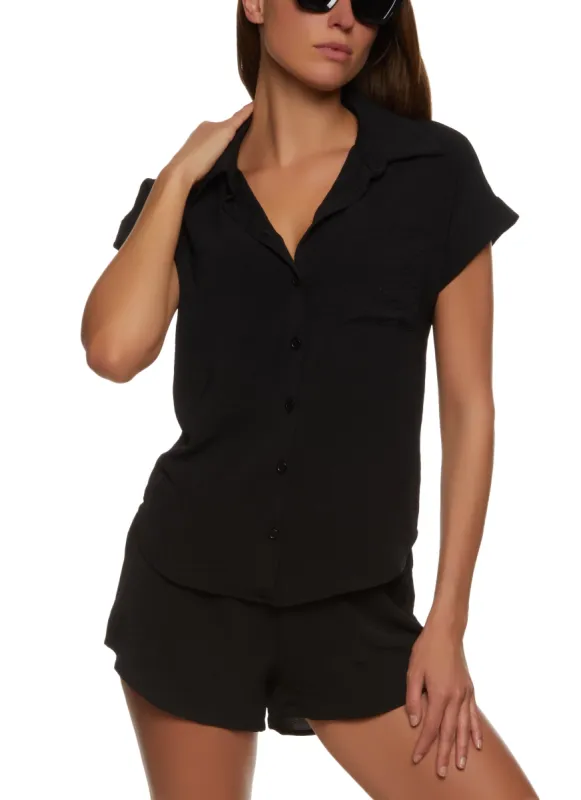 Airy Crepe Knit Button Front Shirt sold by Rainbow