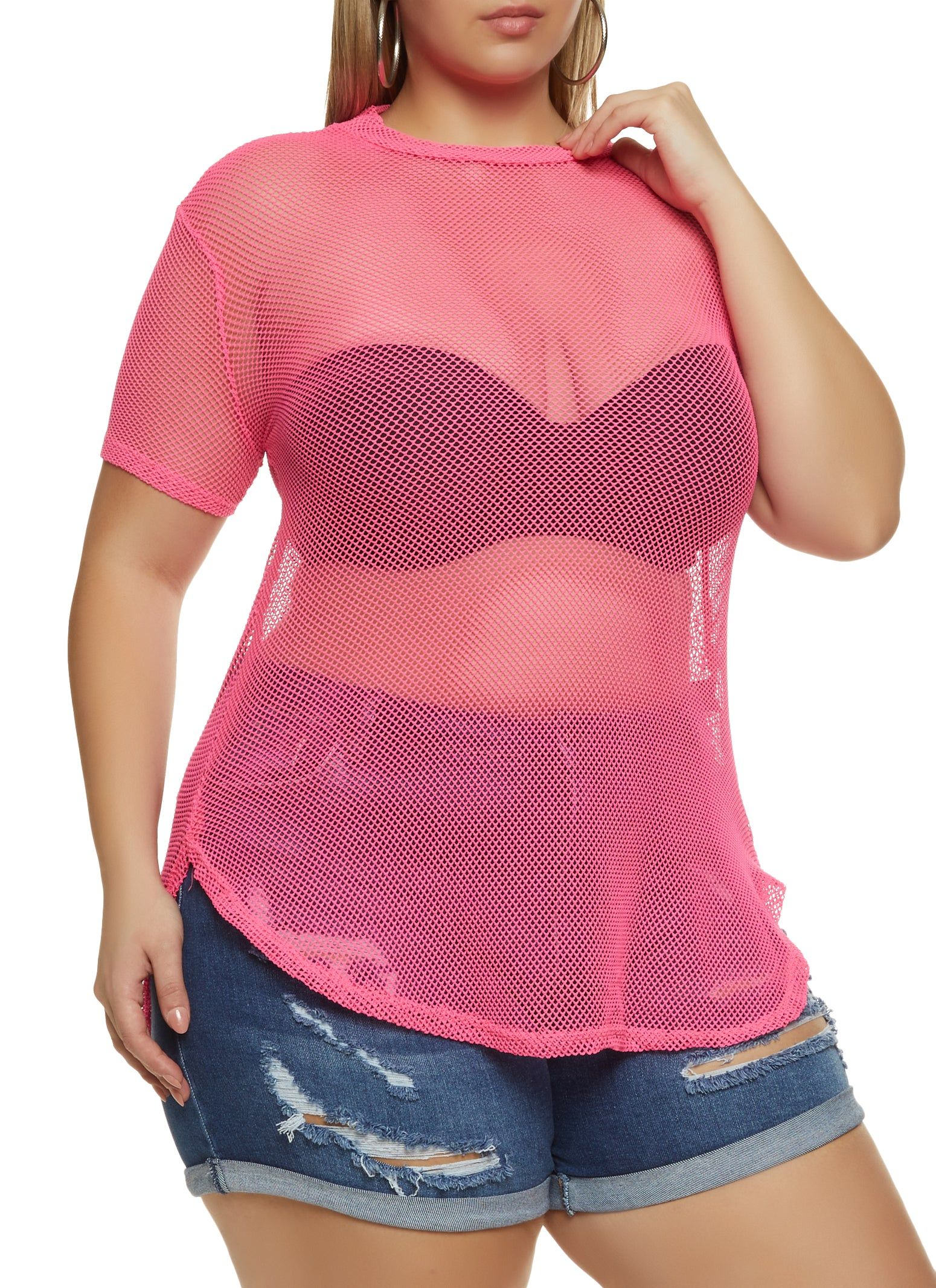 Plus Size Fishnet Short Sleeve Top sold by Rainbow