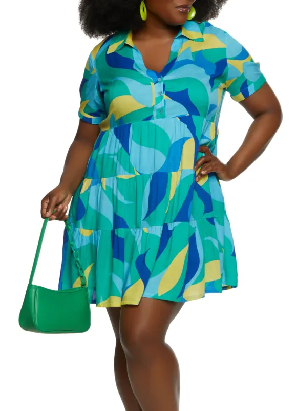 Plus Size Printed Half Button Tiered Shift Dress sold by Rainbow