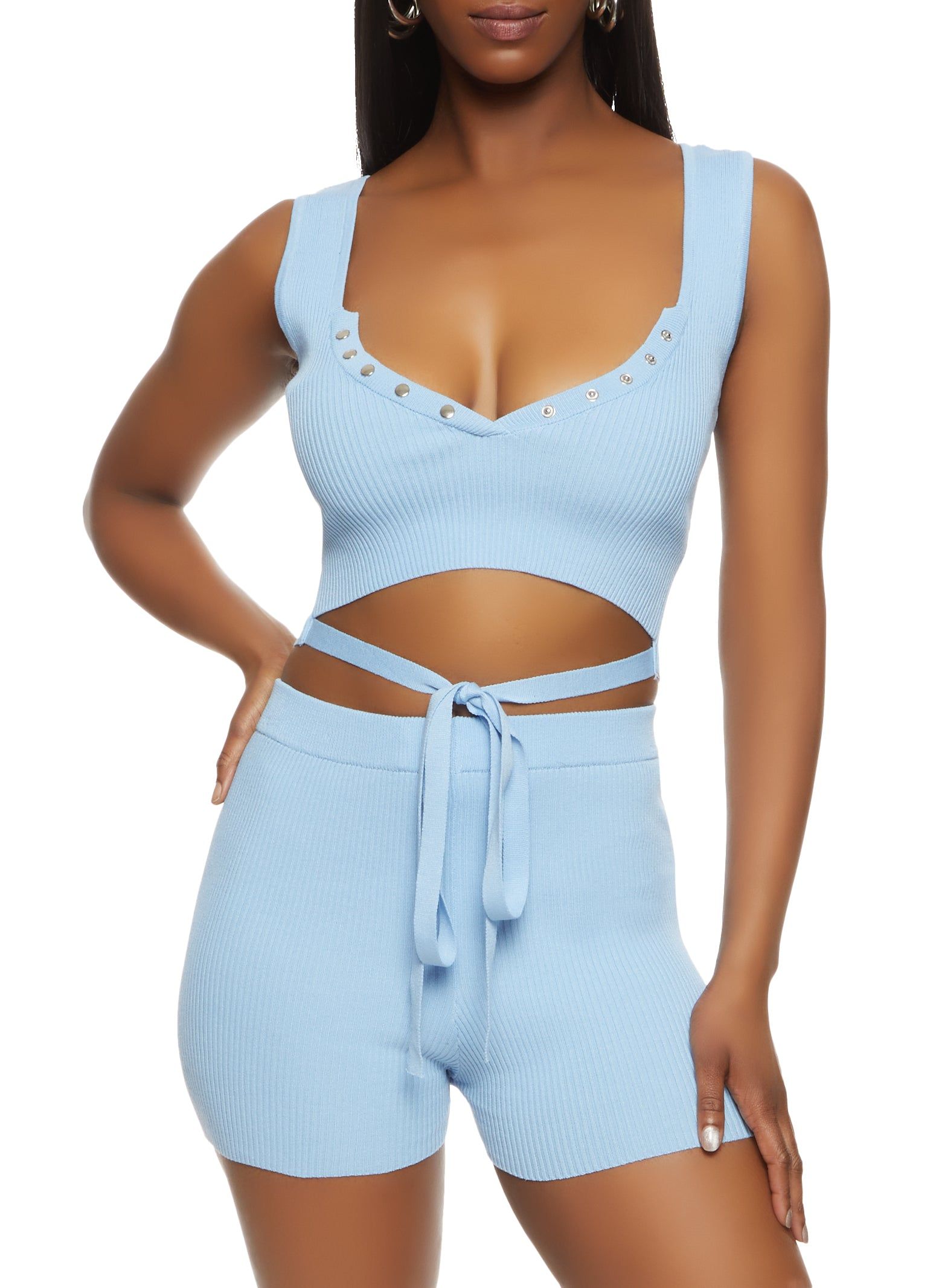 Ribbed Snap Button Detail Tie Front Tank Top sold by Rainbow