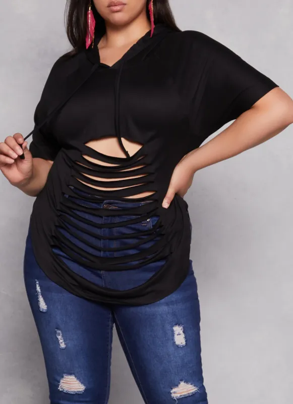 Plus Size Laser Cut Hooded Top sold by Rainbow