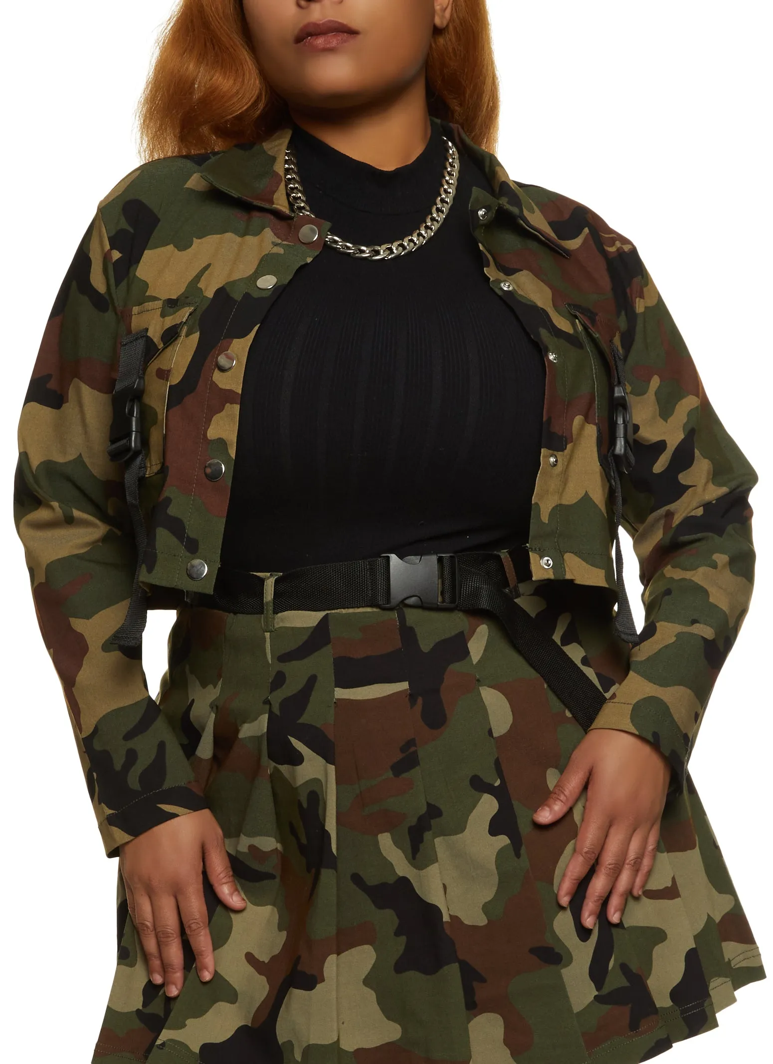 Plus Size Flap Pocket Buckle Detail Crop Jacket sold by Rainbow