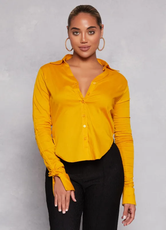 Ruched Sleeve Button Front Blouse sold by Rainbow