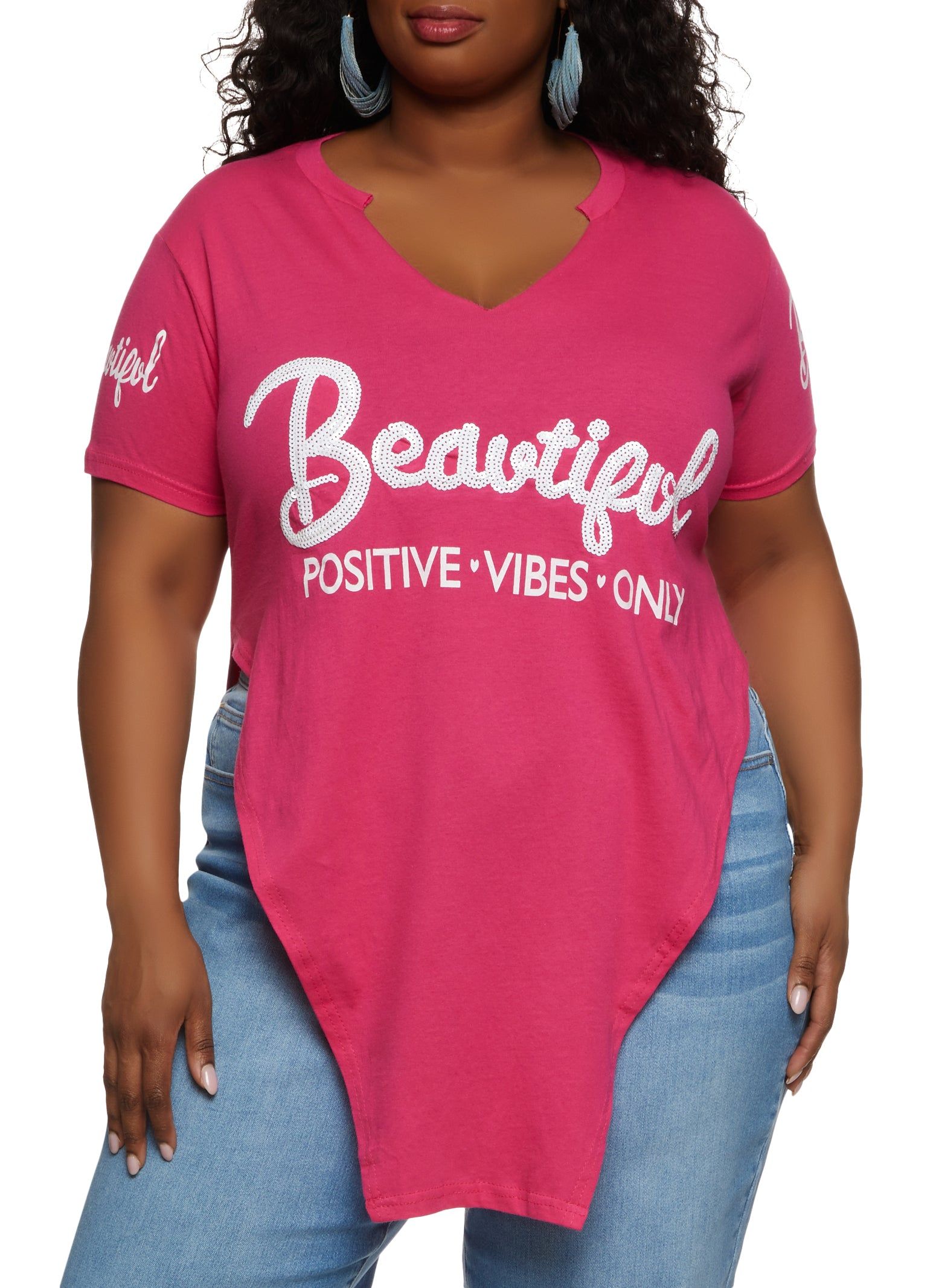 Plus Size Beautiful Sequin Hanky Hem Graphic Tee sold by Rainbow