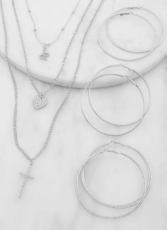 Rhinestone Snake Layered Chain Necklace and Hoop Earrings Trio sold by Rainbow
