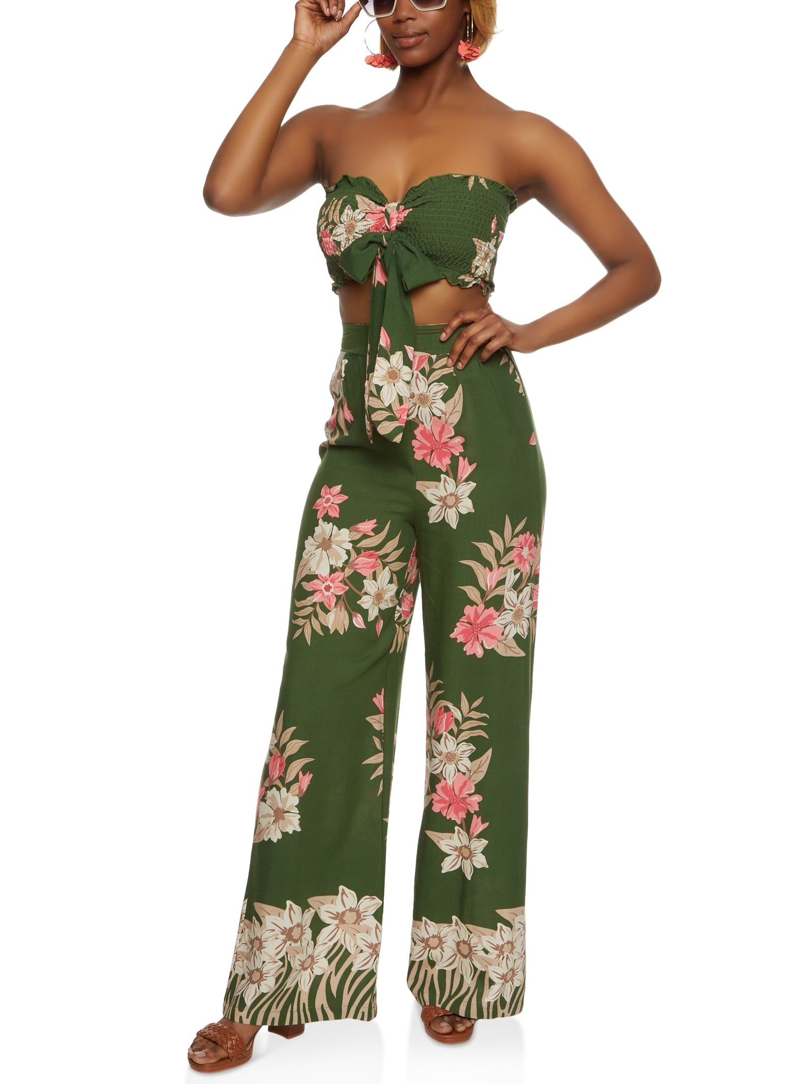 Floral Print Tie Front Smocked Bandeau Top sold by Rainbow