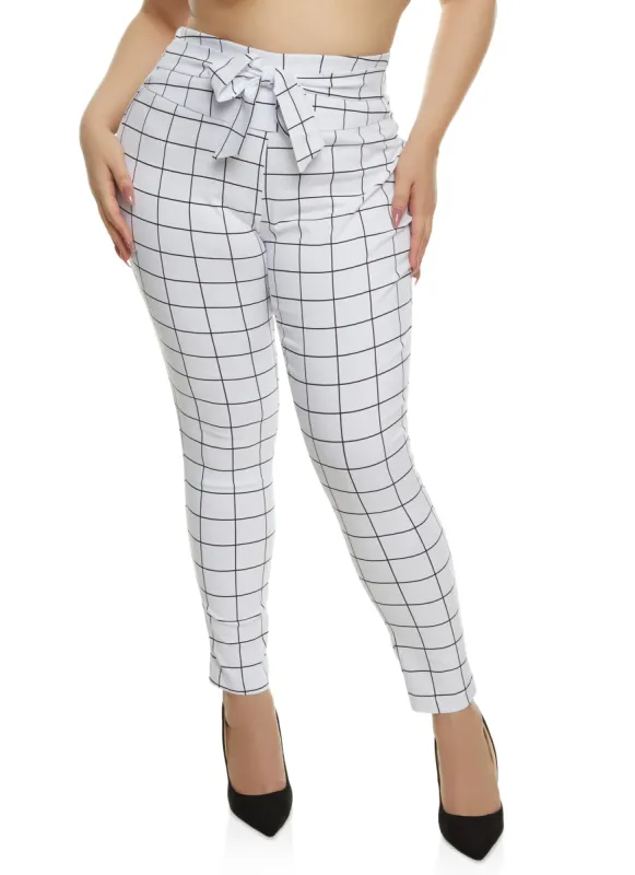 Plus Size Windowpane Print Tie Front Dress Pants sold by Rainbow