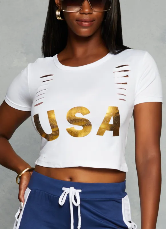 Slashed Foil USA Graphic Crop Top sold by Rainbow