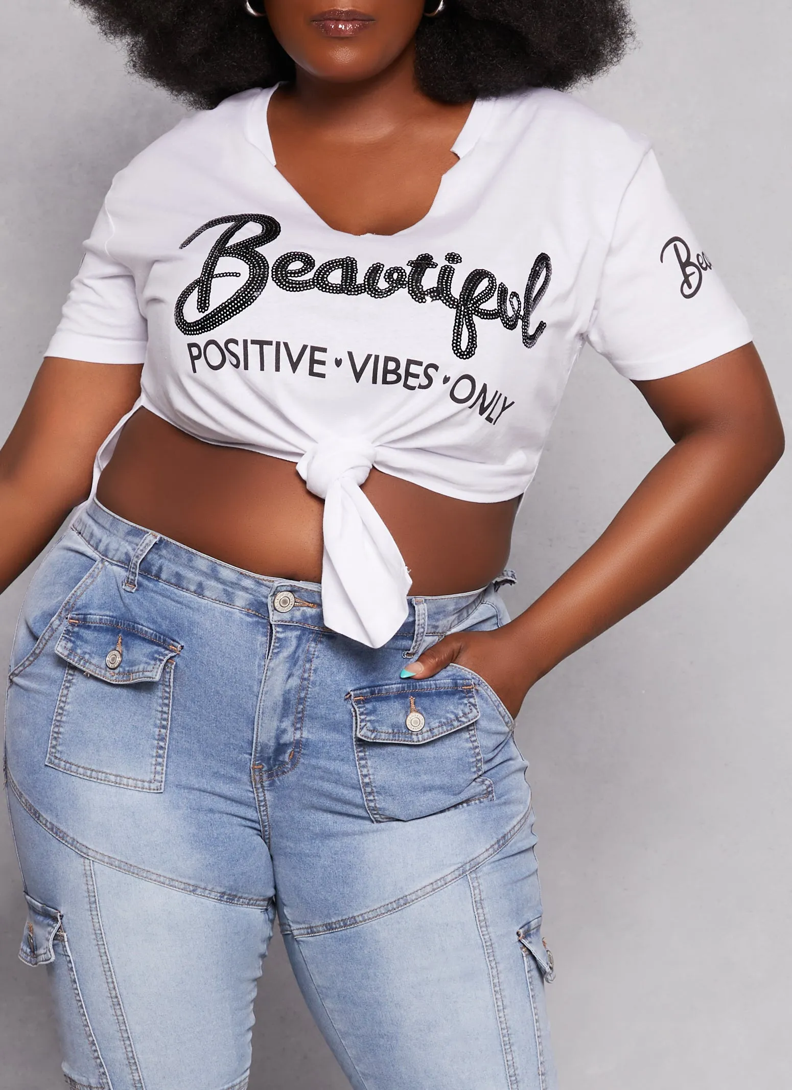 Plus Size Beautiful Hanky Hem Sequin Graphic Tee sold by Rainbow