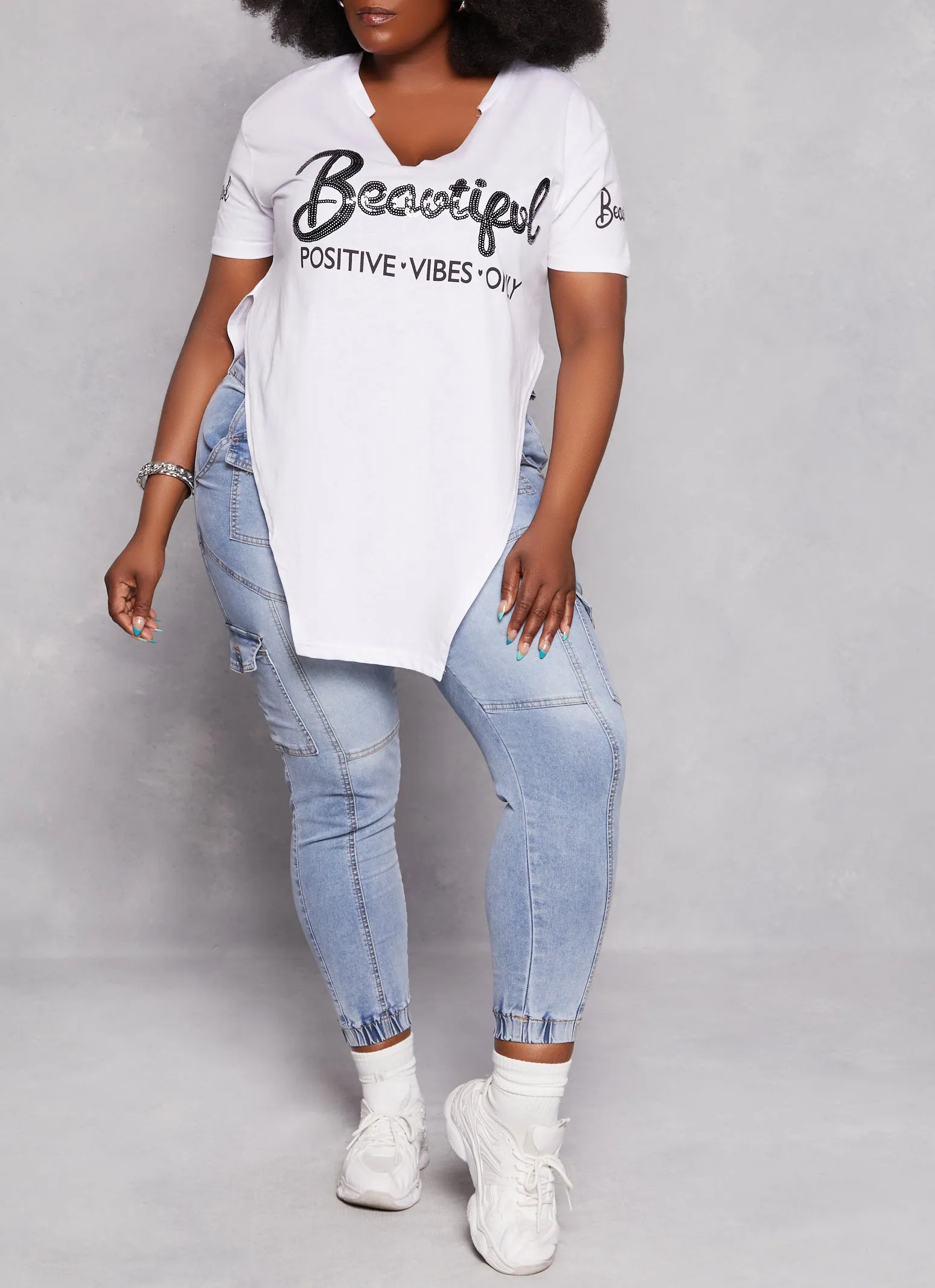 Plus Size Beautiful Hanky Hem Sequin Graphic Tee sold by Rainbow product image thumbnail 2