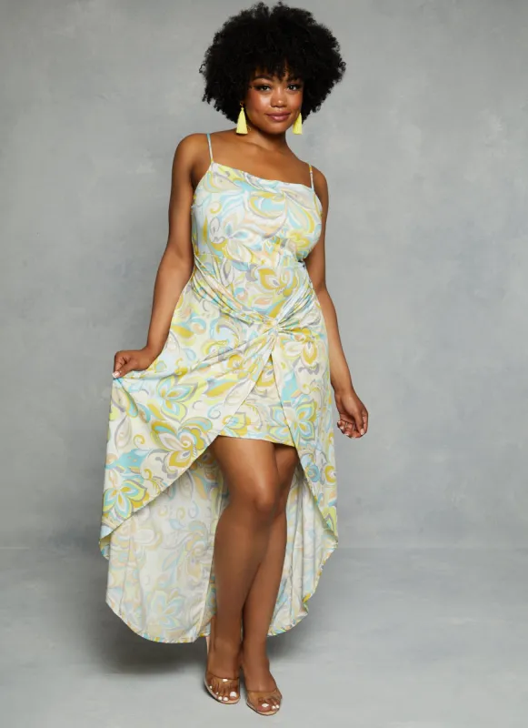 Plus Size Haute Monde Tropical Leaf Print High Low Maxi Dress made by Rainbow