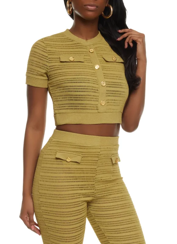 Textured Knit Faux Button Front Crop Top sold by Rainbow