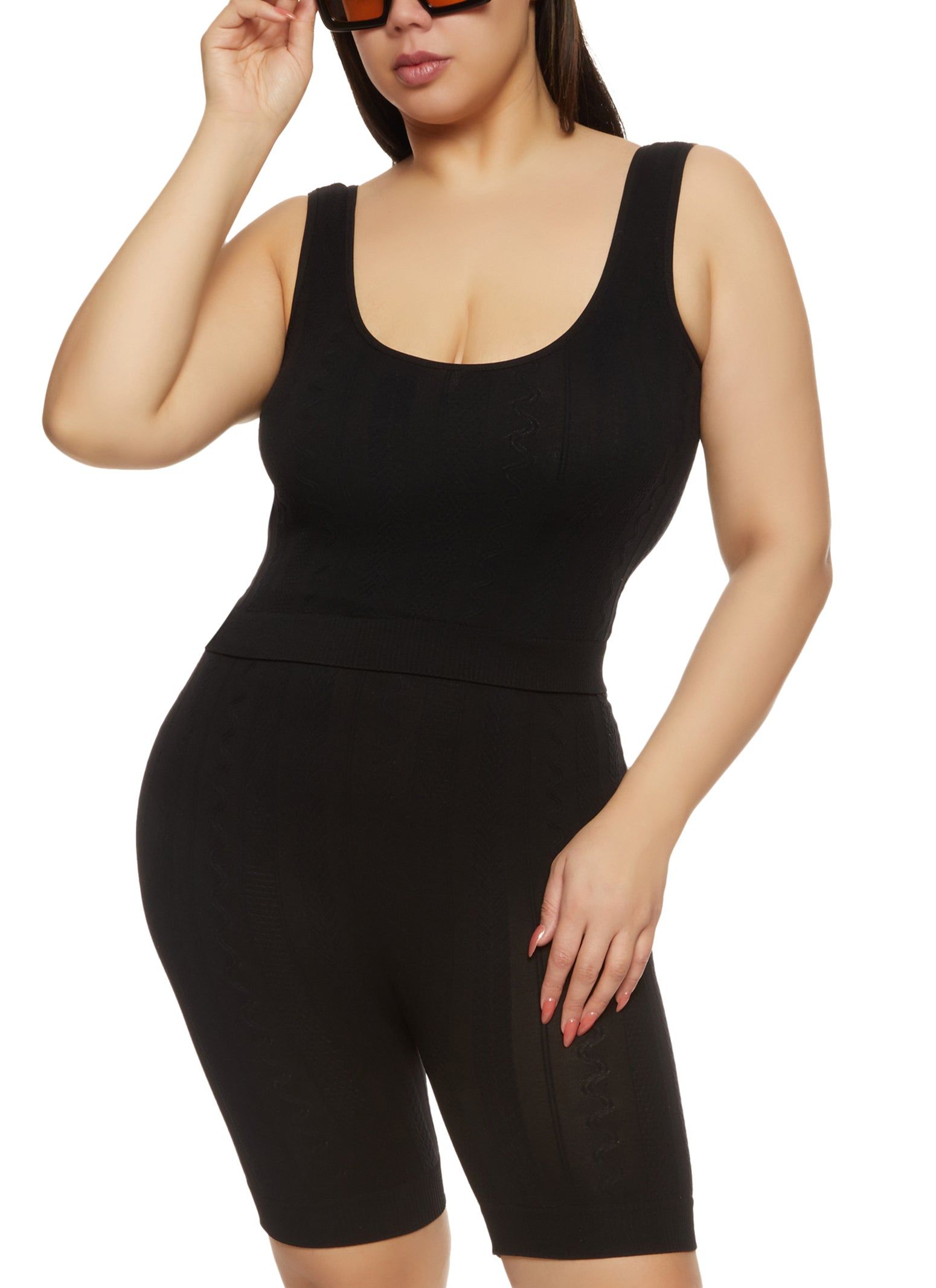 Plus Size Textured Knit Cropped Tank Top and Biker Shorts Set sold by Rainbow