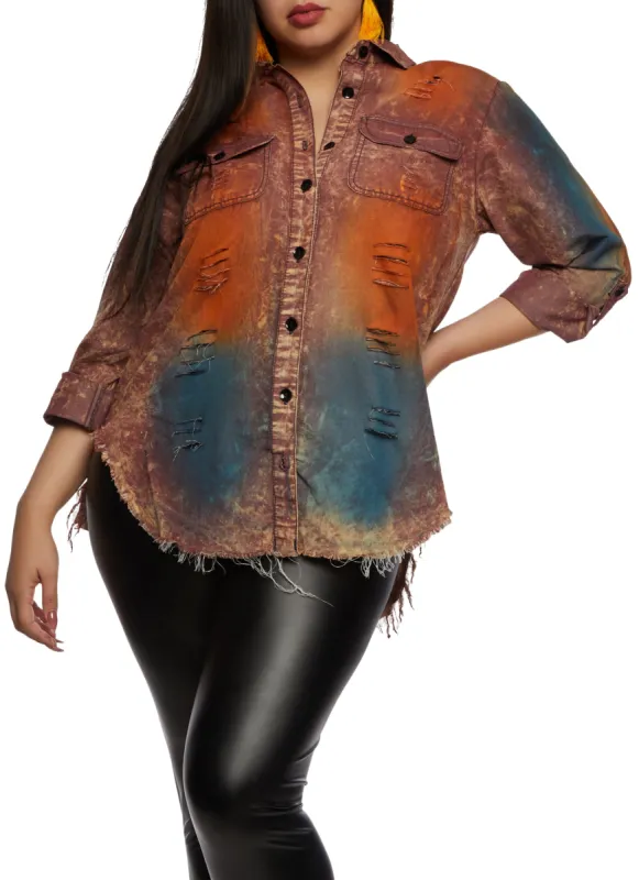 Plus Size Slashed Ombre Acid Wash Denim High Low Shirt sold by Rainbow