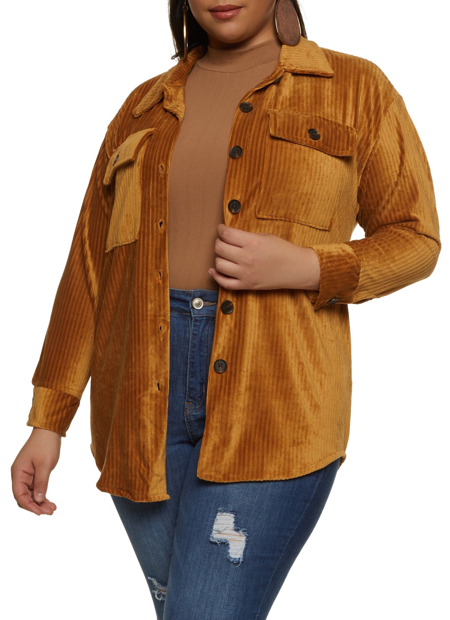 Plus Size Ribbed Knit Velour Button Front Shirt sold by Rainbow