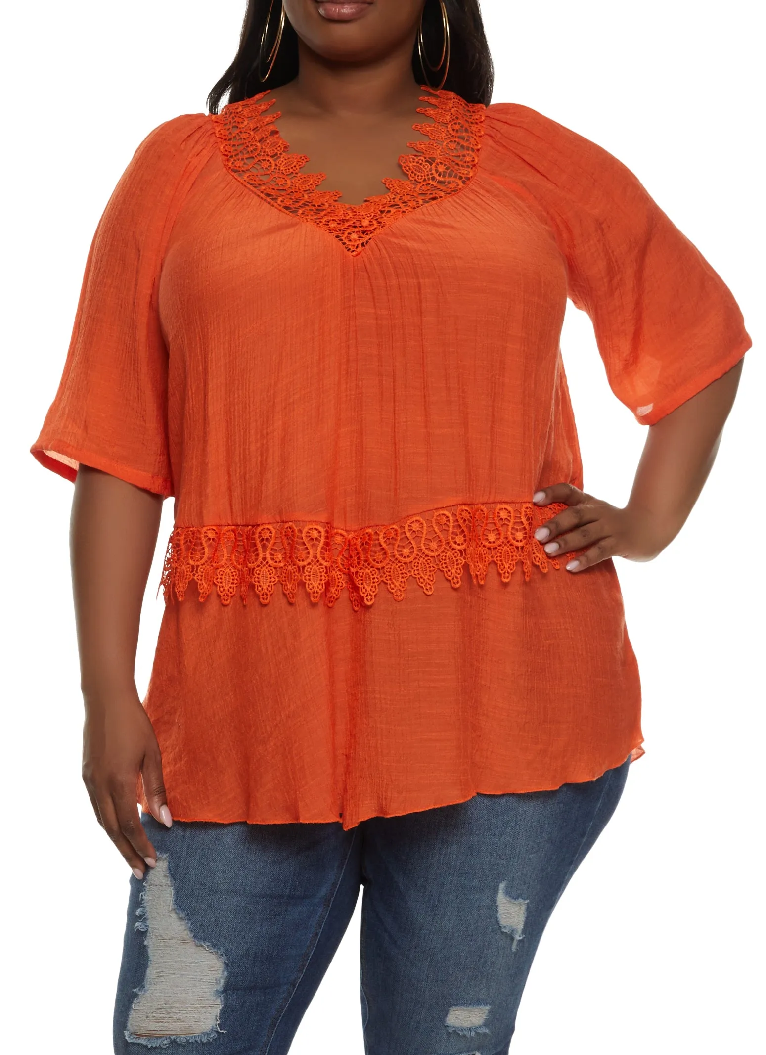 Plus Size Gauze Knit Crochet Lace Trim Blouse sold by Rainbow