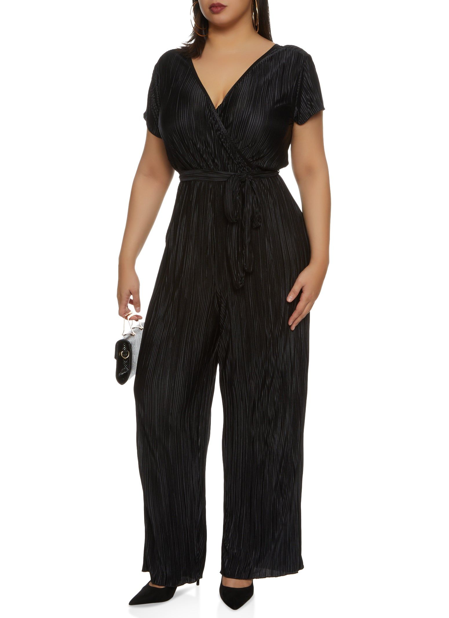 Plus Size Plisse Tie Waist Belted Jumpsuit sold by Rainbow